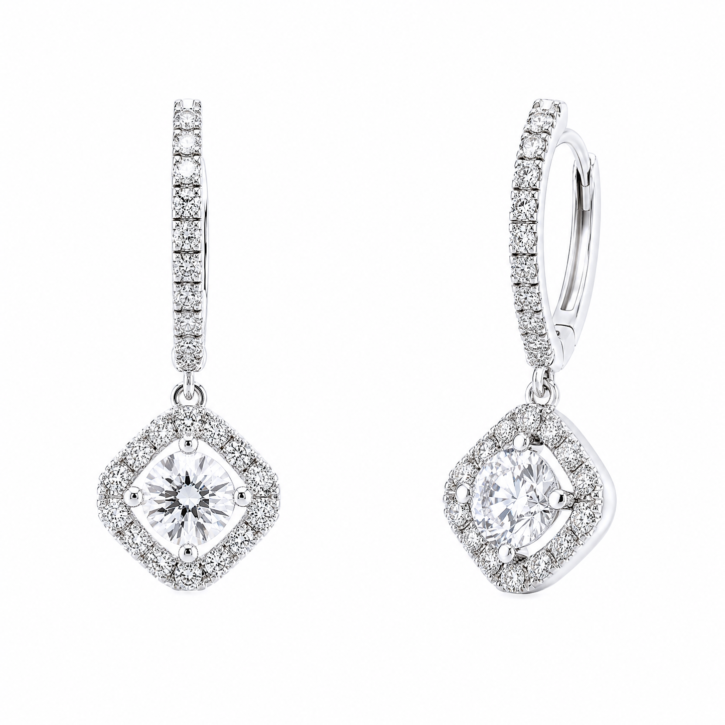 DEJ0139W W-2 front and turned view showing the pave huggie hoop and its closure - diamond-shaped halo drop earrings