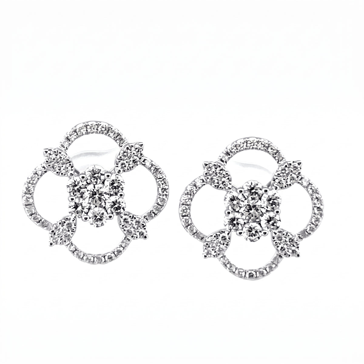 DEJ0249W W-1 frontal pair - large open quatrefoil diamond pave stud earrings in 18K white gold