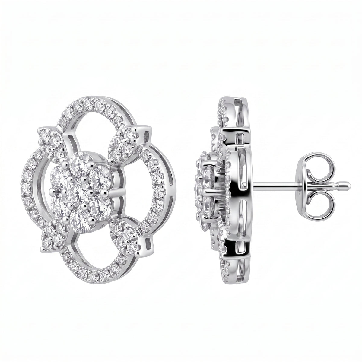 DEJ0249W W-2 front and side profile showing post and butterfly back - large open quatrefoil diamond pave stud earrings in 18K white gold