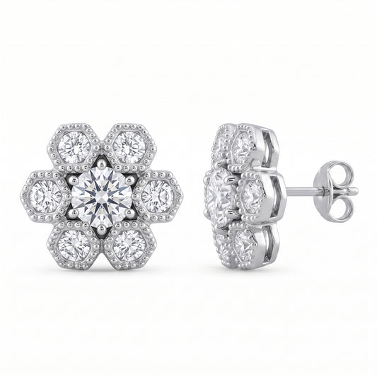 DEJ0256W 14-Diamond Milgrain Post Earrings - detail and side profile view