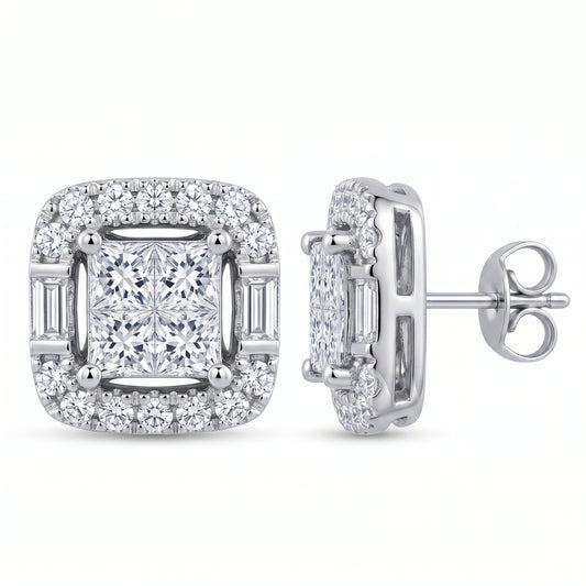 18k white gold princess-cut, baguette and round diamond cushion cluster post earrings, front and side view showing post and butterfly back, white background