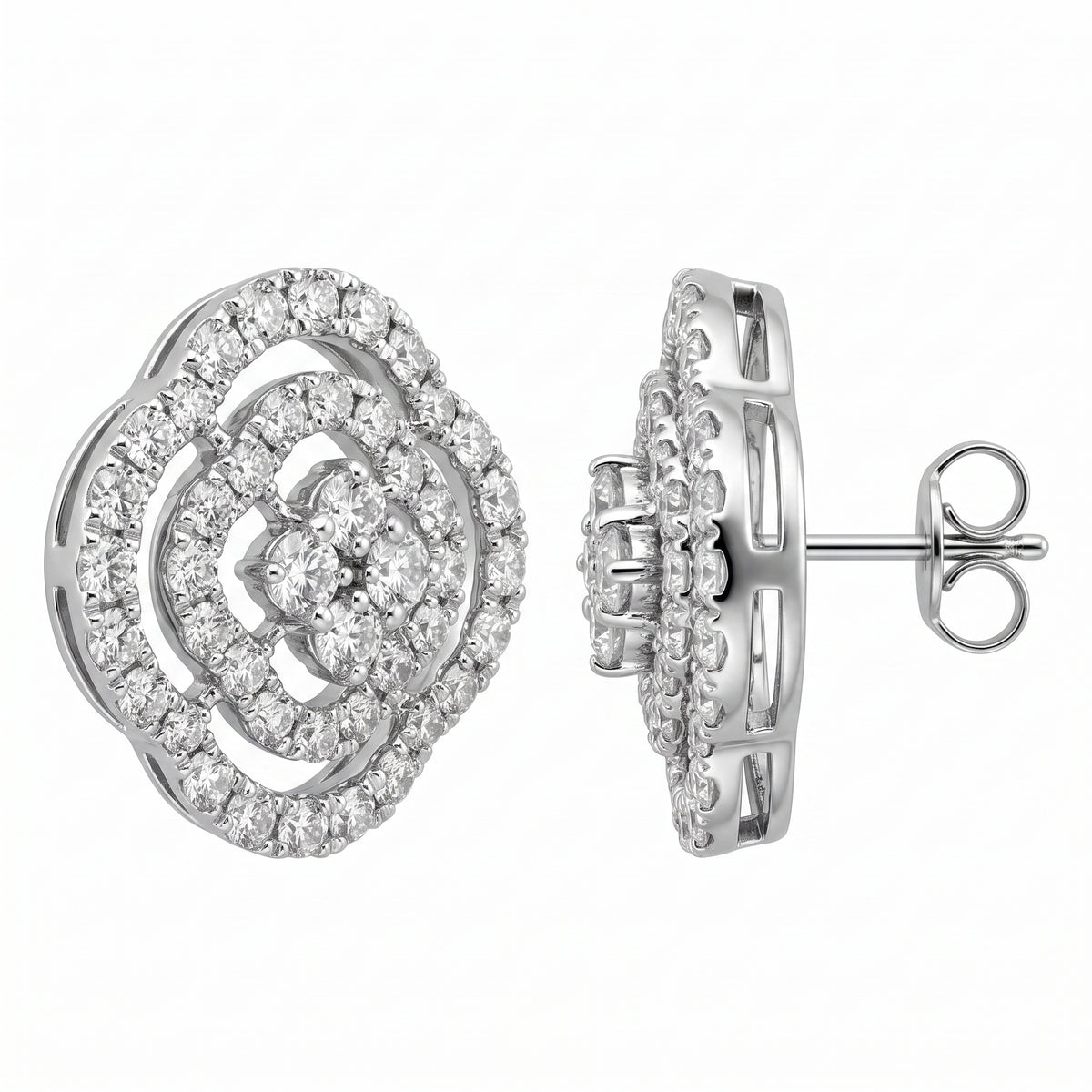 88-Diamond Flower Stud Earrings, 13mm - front and side view showing the 18K white gold layered camellia rose flower stud, its openwork gallery, post and butterfly back
