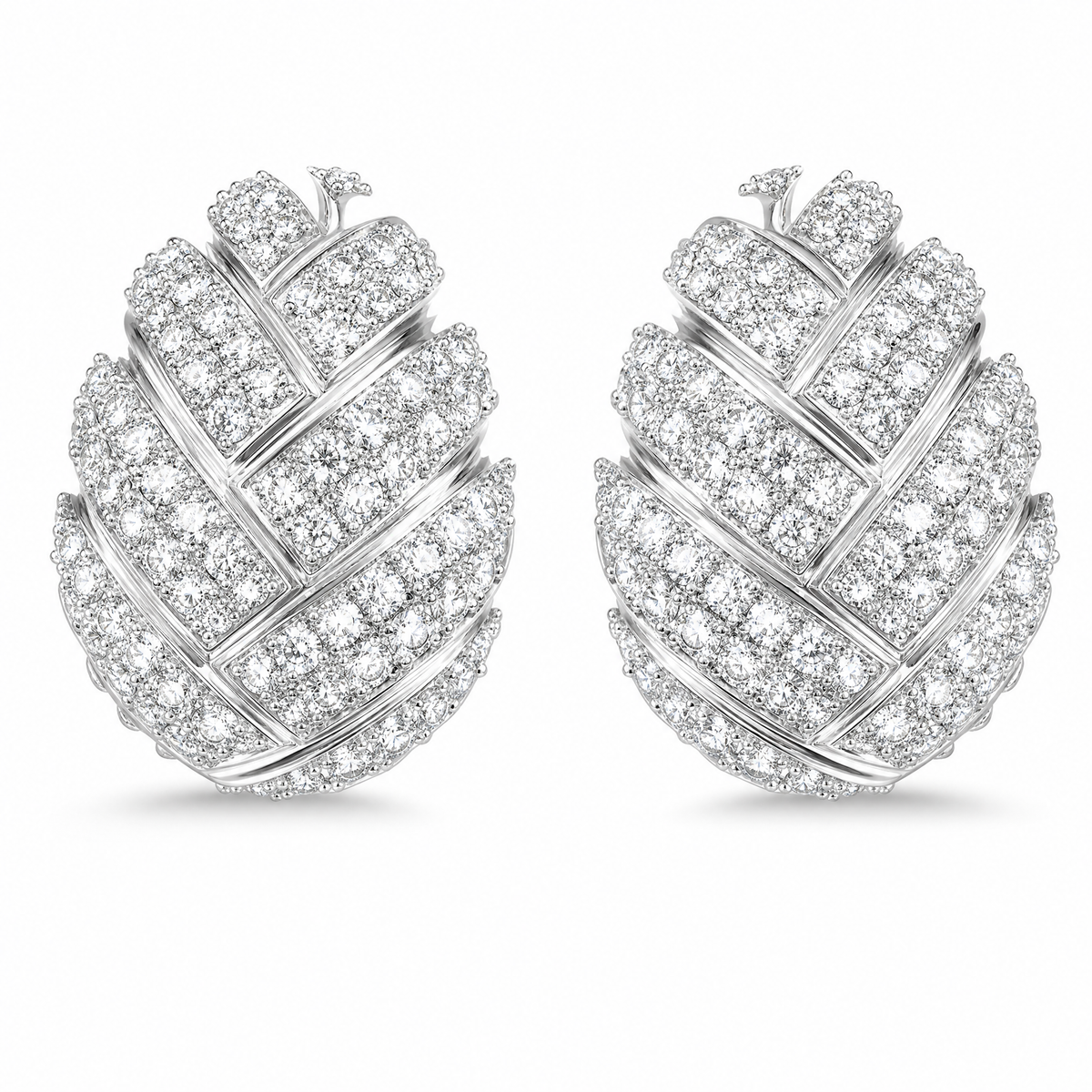 DEKS0046W W-1 frontal pair - pave round diamond woven domed oval clip earrings in 18K white gold