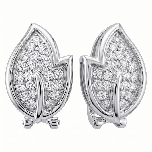 DEKS0345W 18K white gold pavé diamond leaf clip & post earrings, angled view