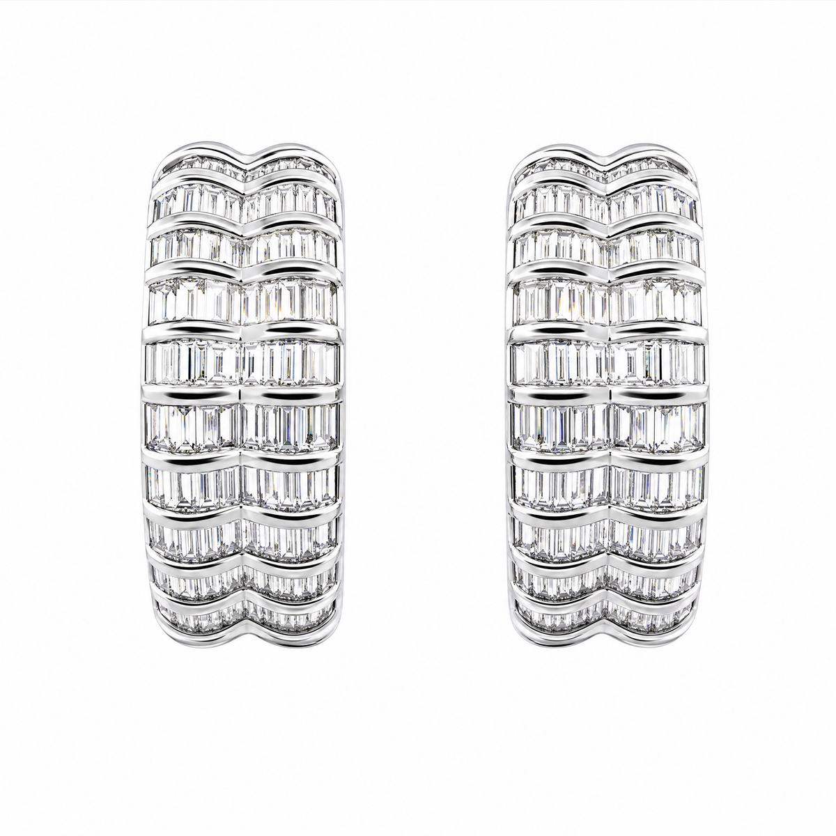 DEKS0431W W-1 frontal pair - tapered baguette diamond multi-row curved clip earrings in 18K white gold