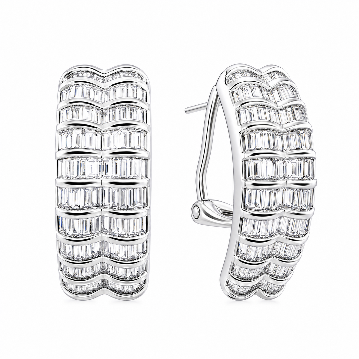 DEKS0431W W-2 front and turned view showing French clip backing - tapered baguette diamond multi-row curved clip earrings in 18K white gold