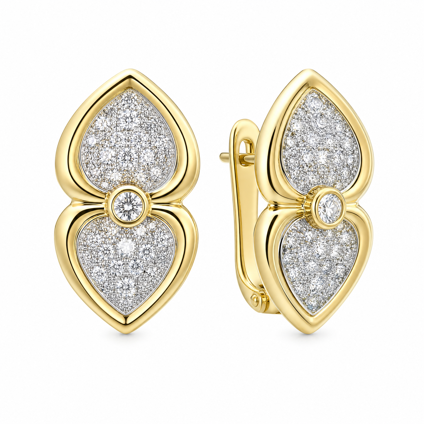 DEM0050 W-2 front and turned view showing French clip backing - pave diamond double-heart clip earrings in 18K yellow gold