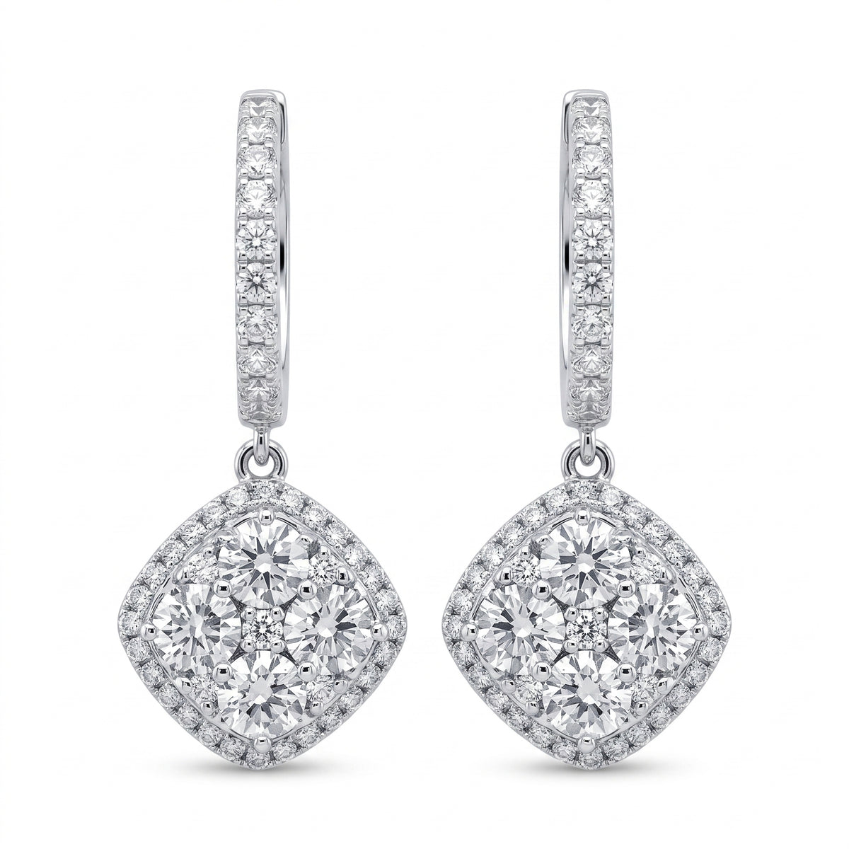 14K white gold cushion-shaped diamond cluster drop earrings on a white background