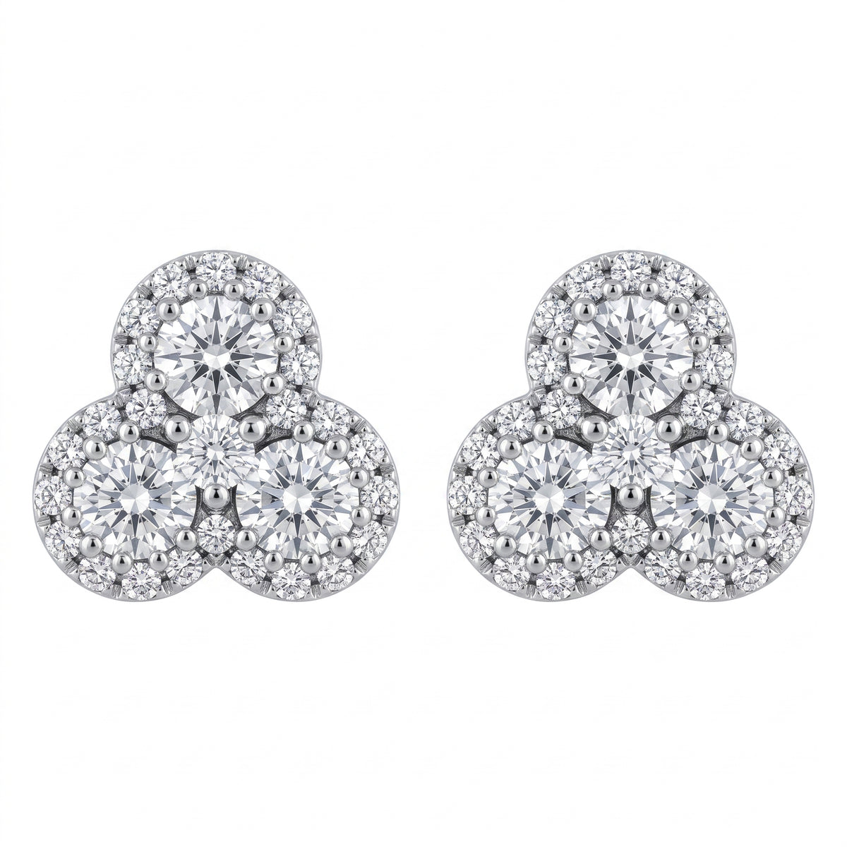 DEM1127W W-1 frontal pair - trefoil three-stone diamond cluster stud earrings, three equal round brilliant diamonds in a clover arrangement each within its own single-row pave halo, in 18K white gold