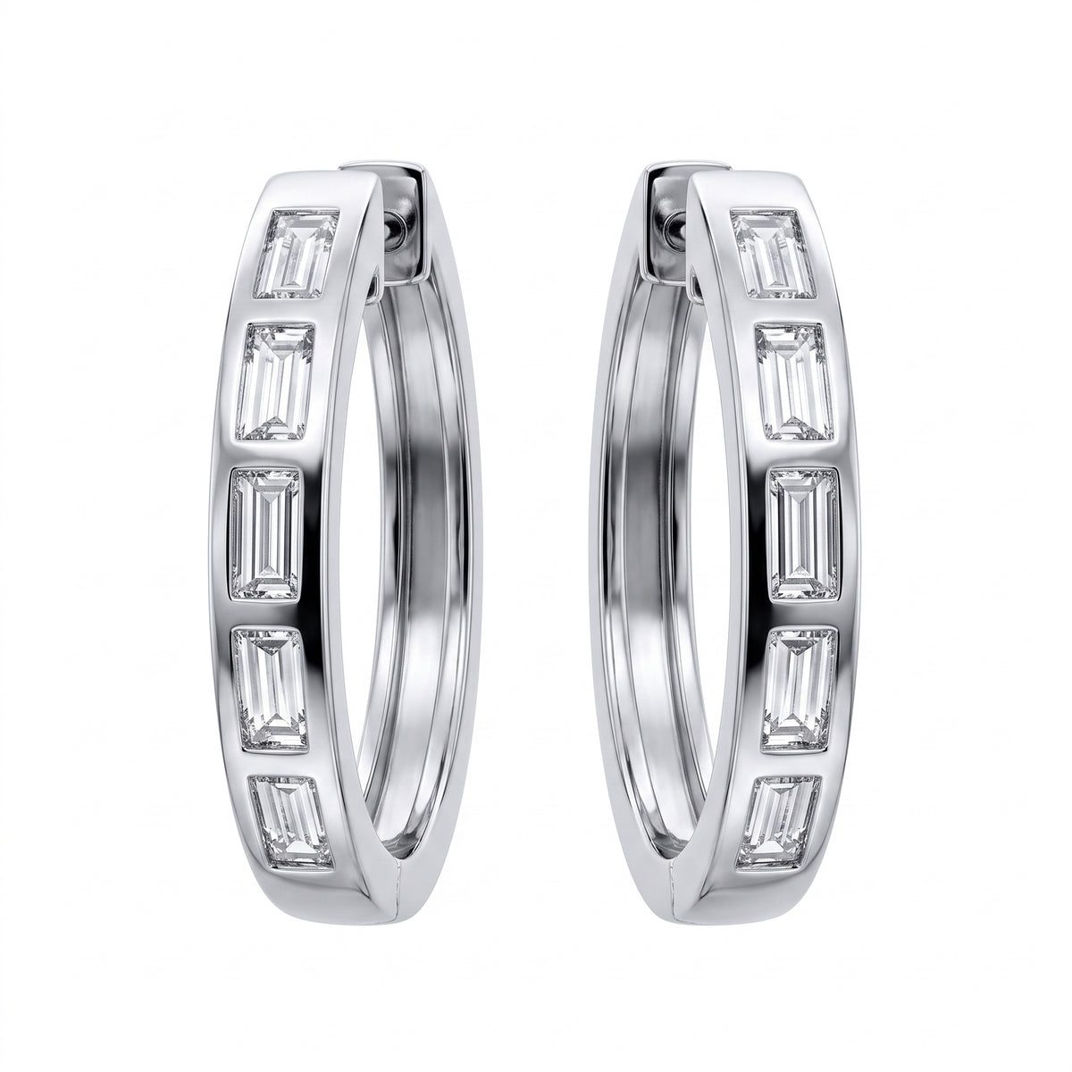 10 Baguette Diamond Bezel Hoop Earrings, 14K white gold, white background