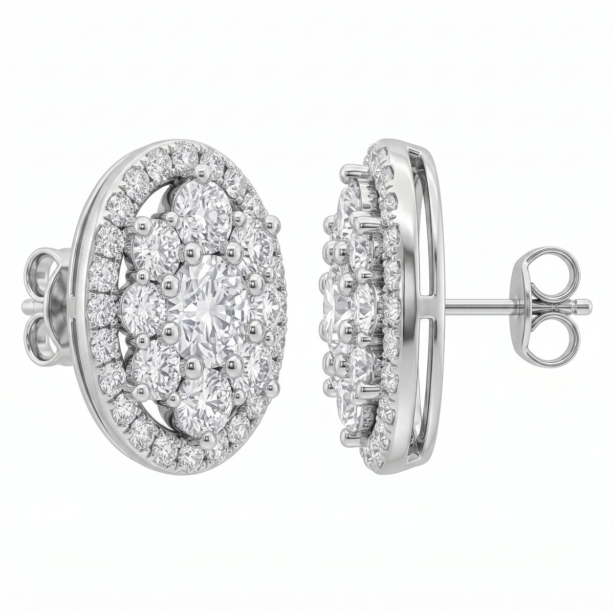 67-Diamond Oval Stud Earrings in 14K white gold - second view showing post and butterfly back