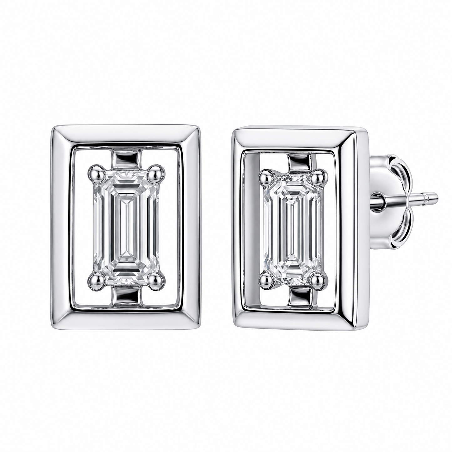 2 Baguette Diamond Framed Post Earrings, 6.5x8mm