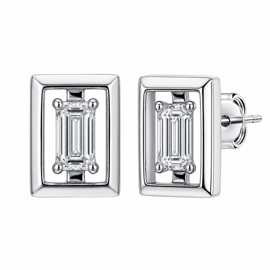 2 Baguette Diamond Framed Post Earrings, 6.5x8mm