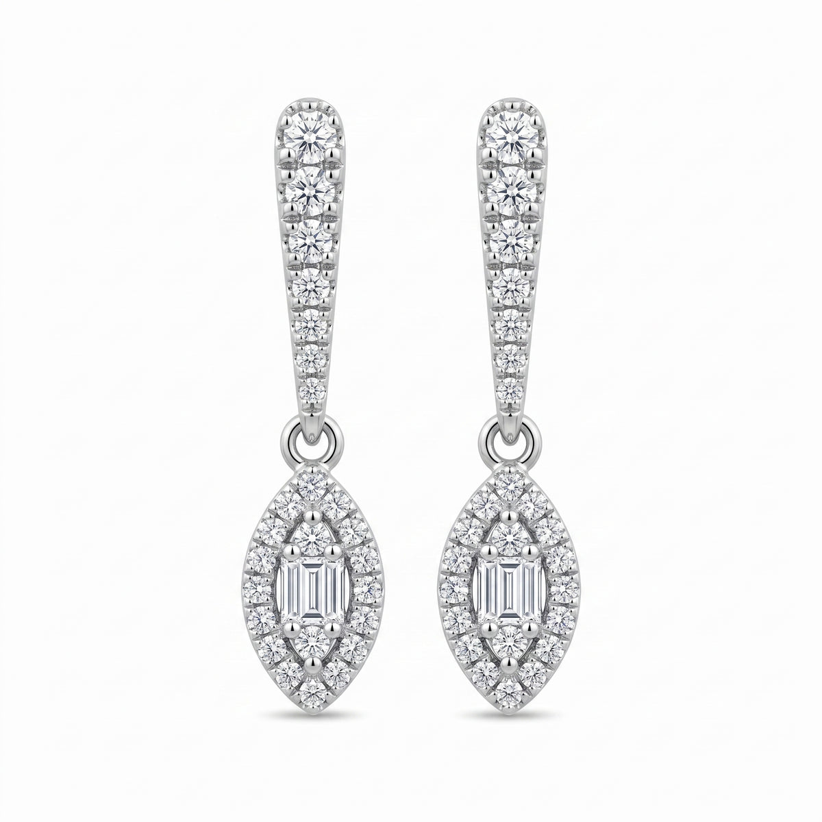 4 Baguette & 52-Diamond Bar & Marquise Dangle Post Earrings, 4x19mm - 18k white gold dangle earrings with a tapered pave bar above a marquise drop haloed in round diamonds around a straight baguette centre panel