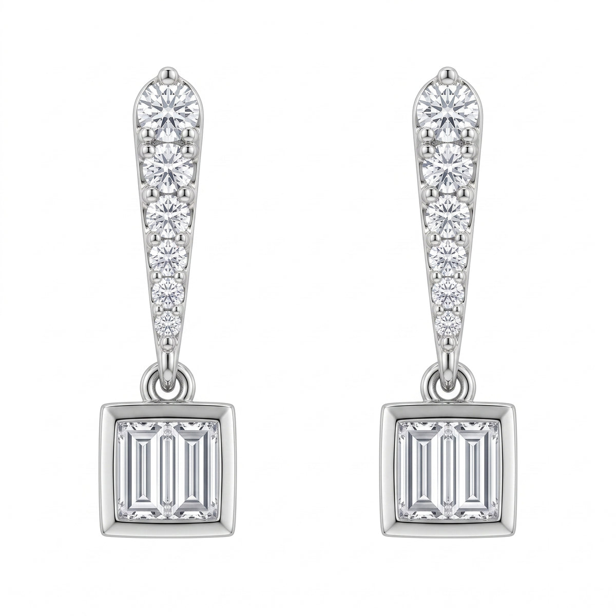 4 Baguette & 16-Diamond Bar & Square Dangle Post Earrings, 4x16mm - white background front view