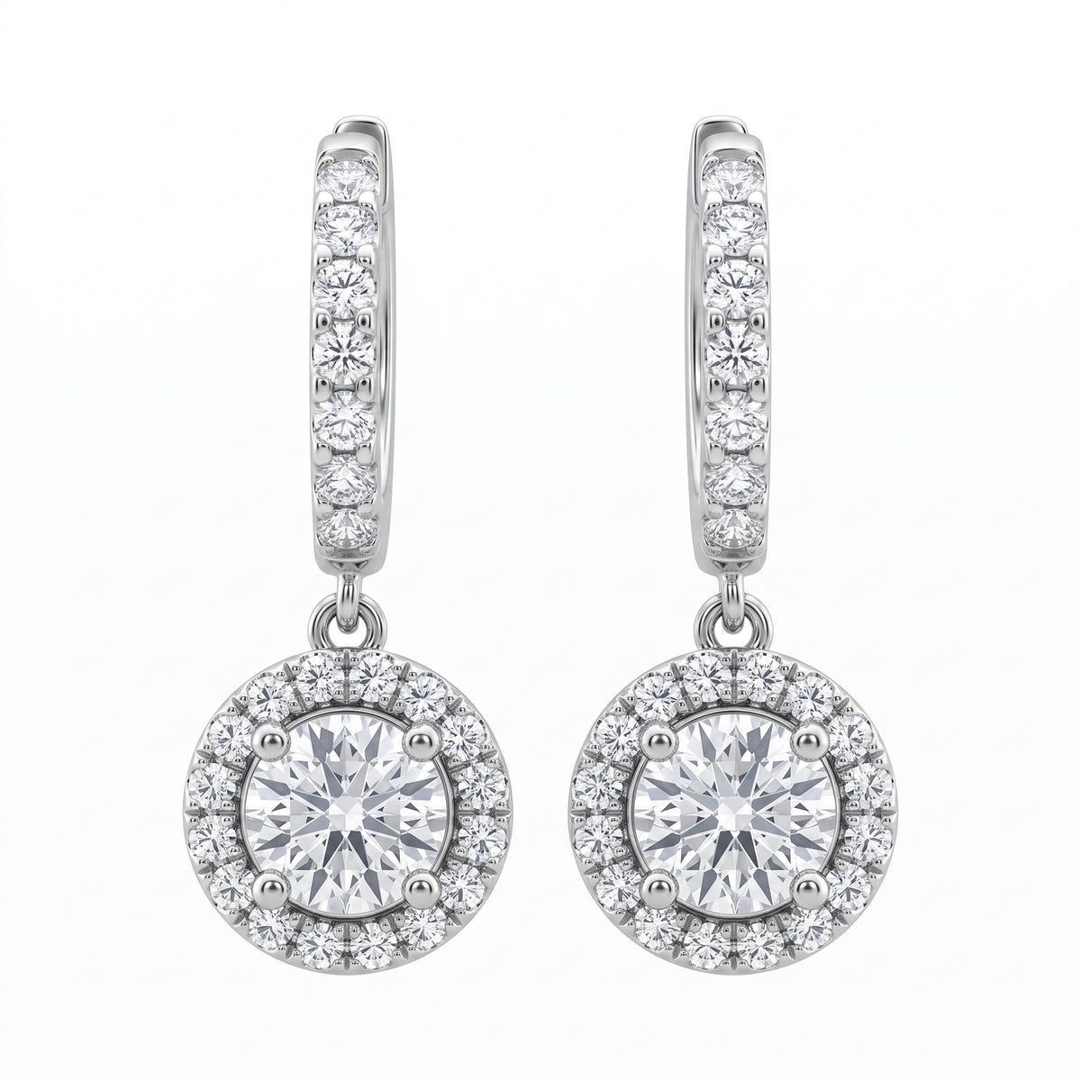 Diamond halo dangle hoop earrings in 18K white gold, studio white background