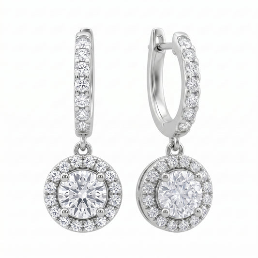 Diamond halo dangle hoop earrings in 18K white gold, second studio view showing hoop profile and hinge