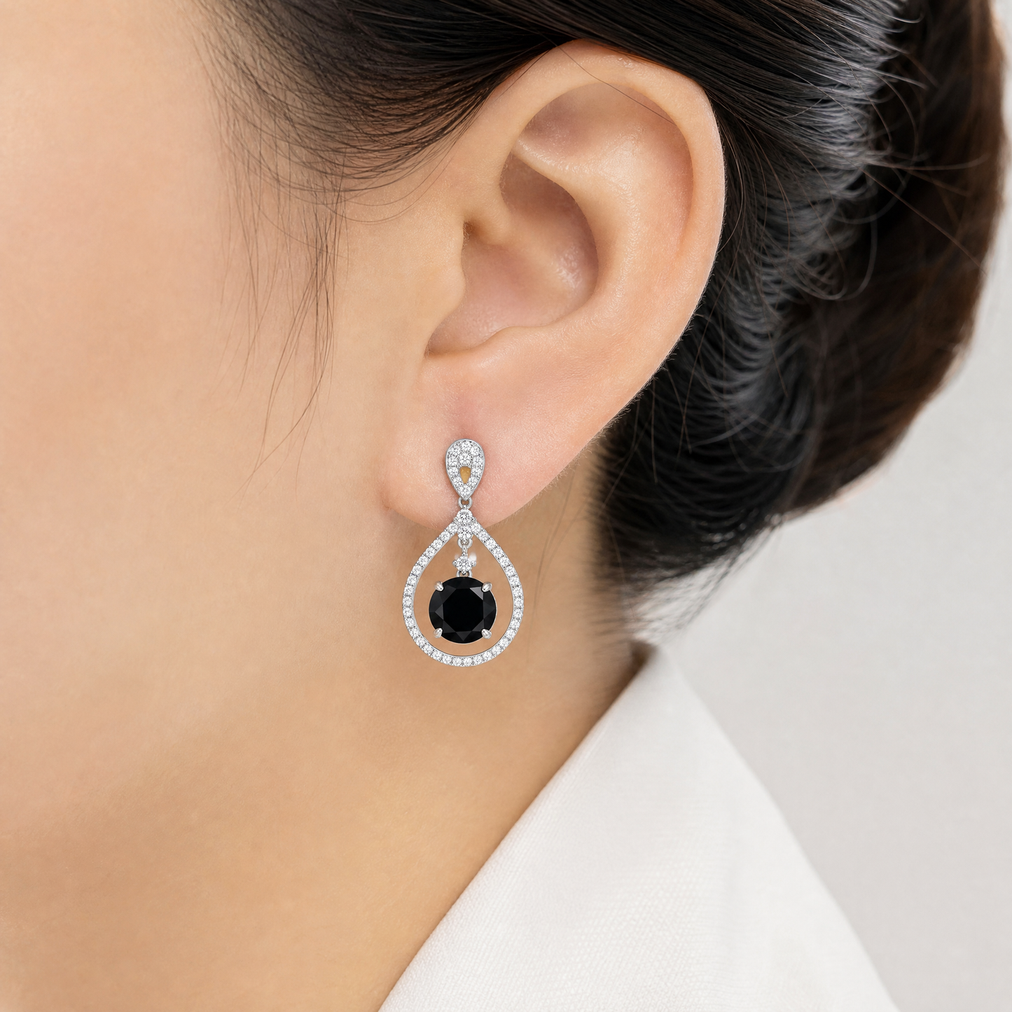 Black Diamond Dangle Earrings with White Pave Teardrop Frame - worn on model