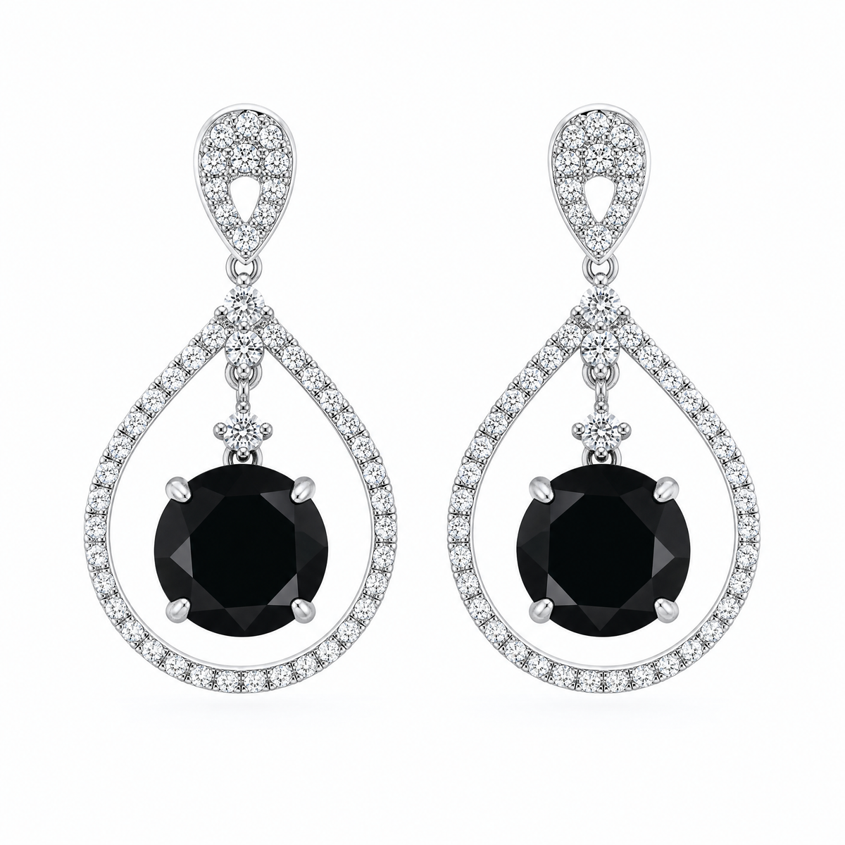 Black Diamond Dangle Earrings with White Pave Teardrop Frame - frontal pair