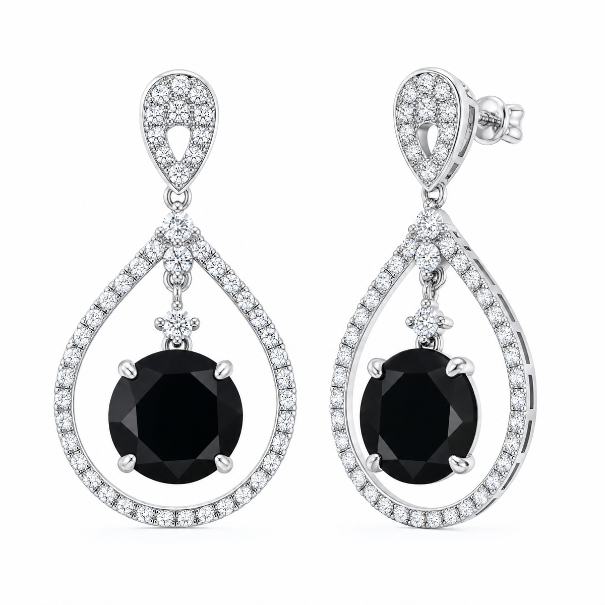 Black Diamond Dangle Earrings with White Pave Teardrop Frame - turned view showing post