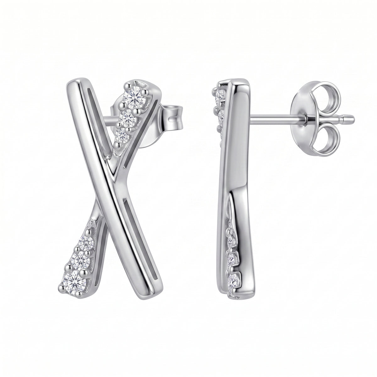 12-Diamond X-Shape Post Earrings in 14K white gold, angled and profile view