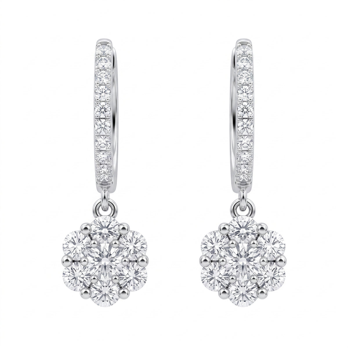 36-Diamond Flower Hoop Dangle Earrings, 6x20mm in 18K white gold - white background view