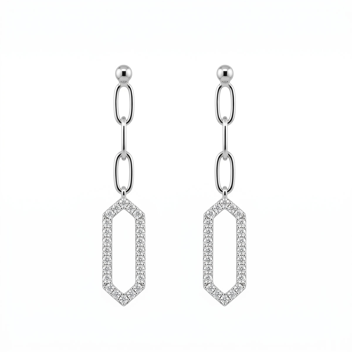 DEM1379W 14K white gold open long hexagonal diamond links post earrings, front view