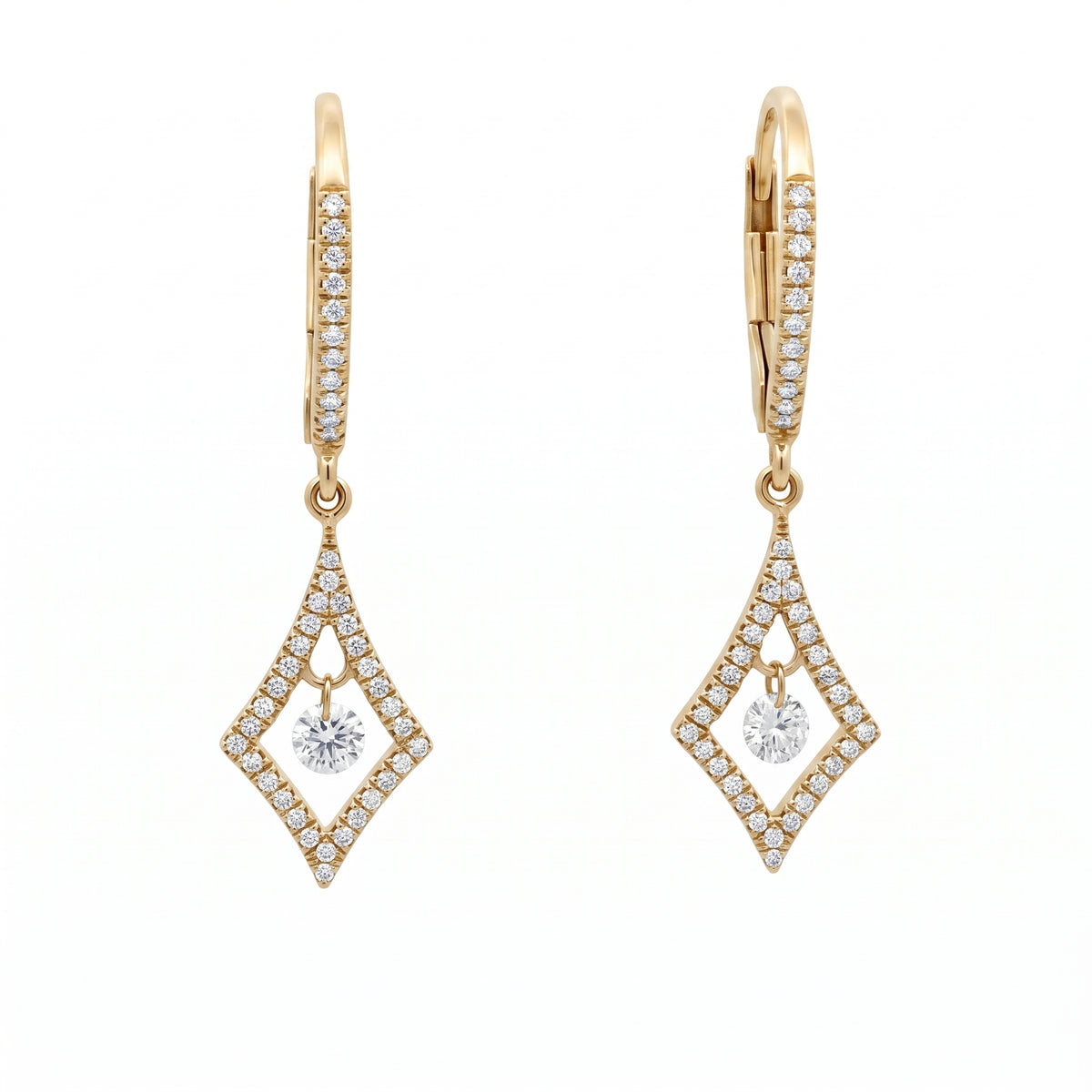 DEMJ0035 14K yellow gold diamond floating solitaire open kite lever-back drop earrings, front view