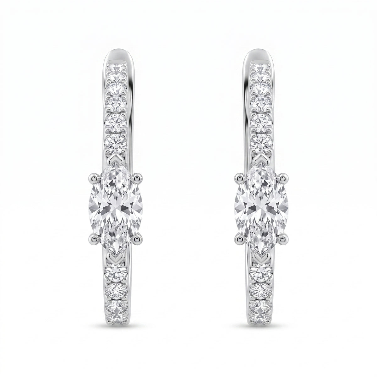 2 Marquise & 20-Diamond Hoop Earrings, 15x17mm - white background view
