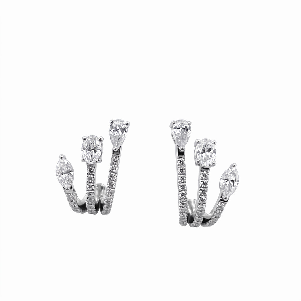 DEPJ0051W W-1 frontal pair - three tapering pave arms fanning from the lobe, each tipped with a claw-set marquise, oval and pear diamond, 54 round pave diamonds, fan post earrings in 18K white gold