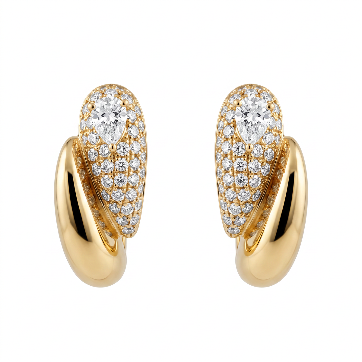 DEPJ0067 W-1 white background frontal pair - pear and round pave diamond 18K yellow gold bypass hoop earrings