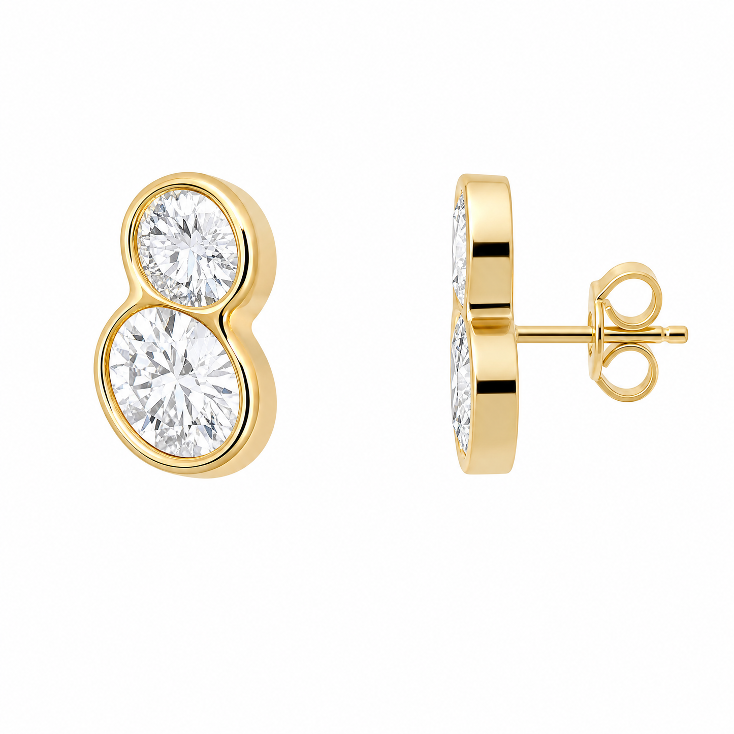 DEPJ0068 W-2 front and turned view showing straight post and butterfly back - two oval diamond figure-eight bezel stud earrings in 18K yellow gold