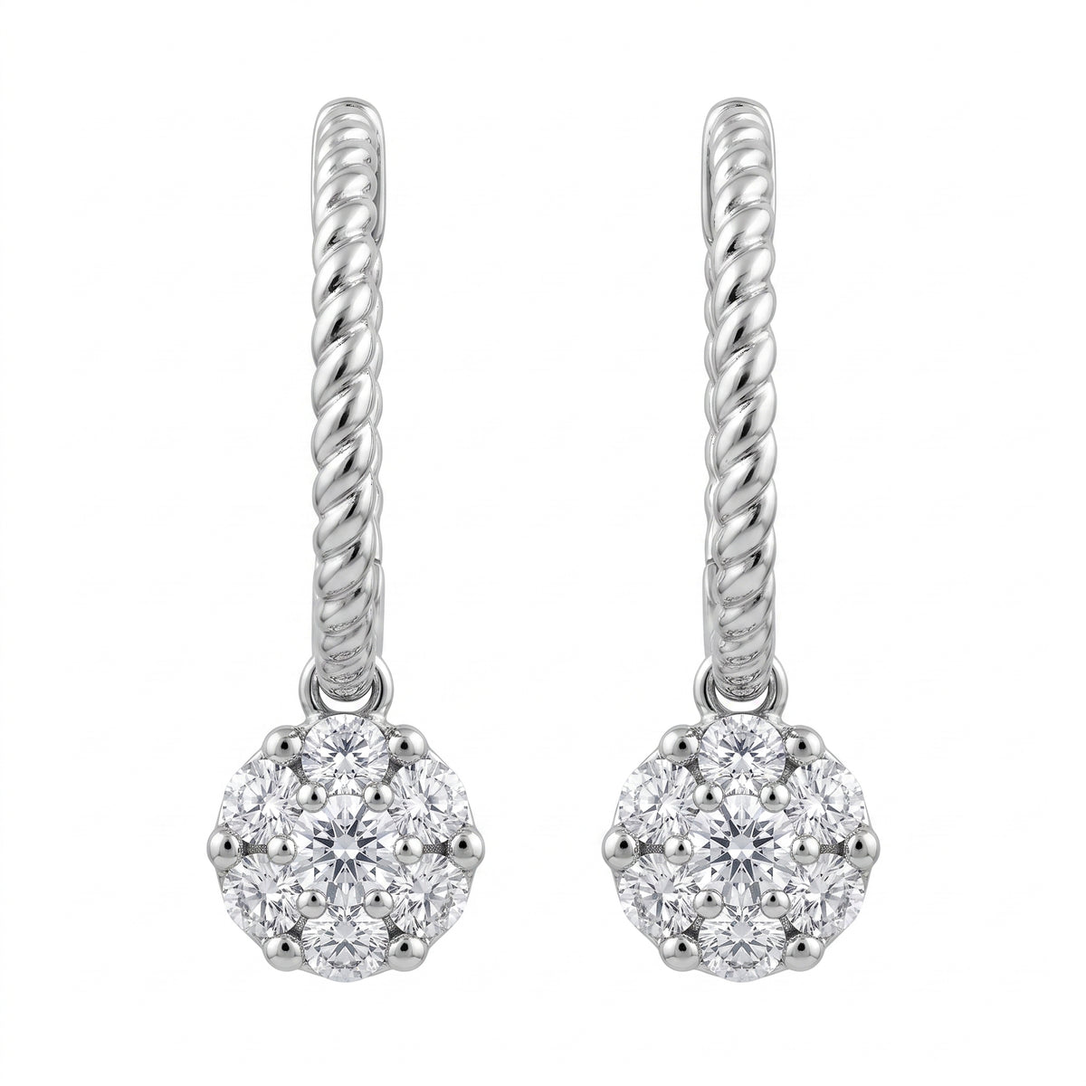 14 karat white gold rope hoop earrings with round diamond cluster drops, front view