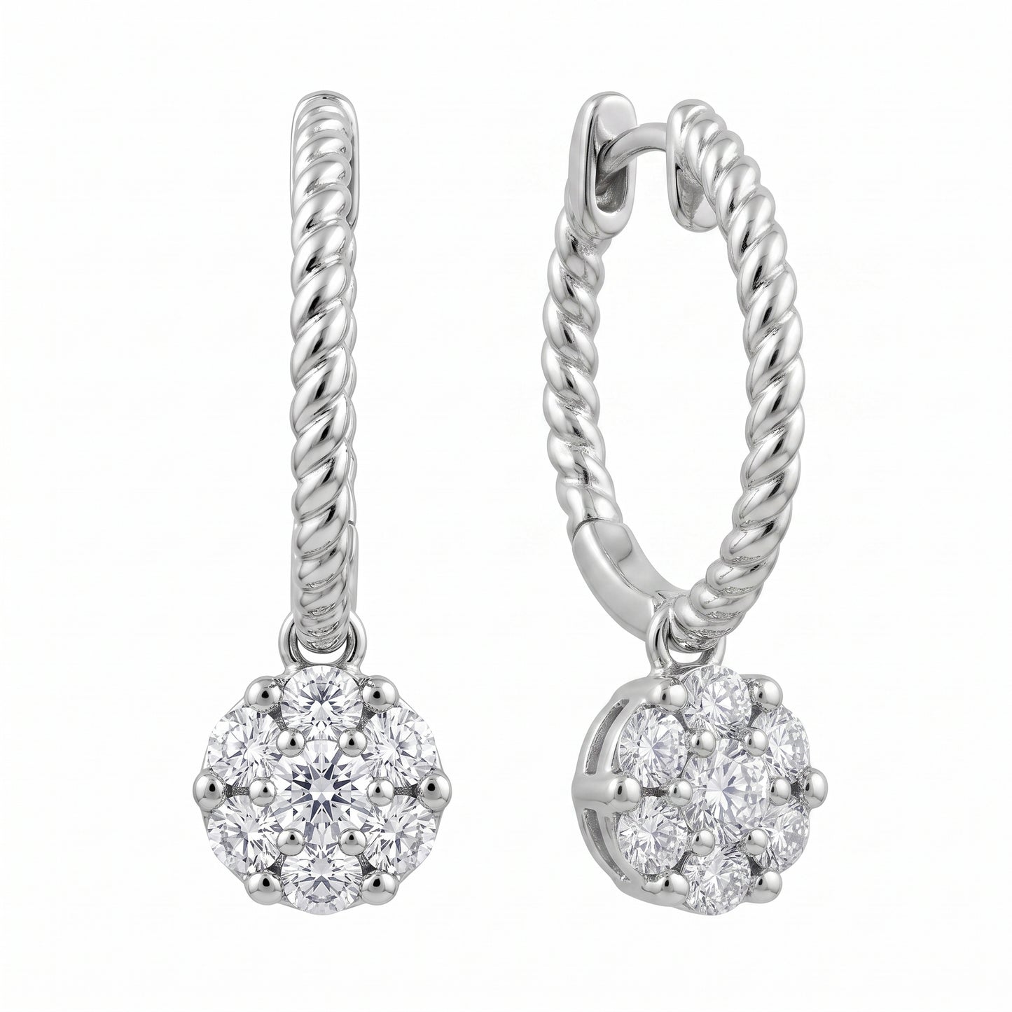 14 karat white gold rope hoop earrings with round diamond cluster drops, angled view