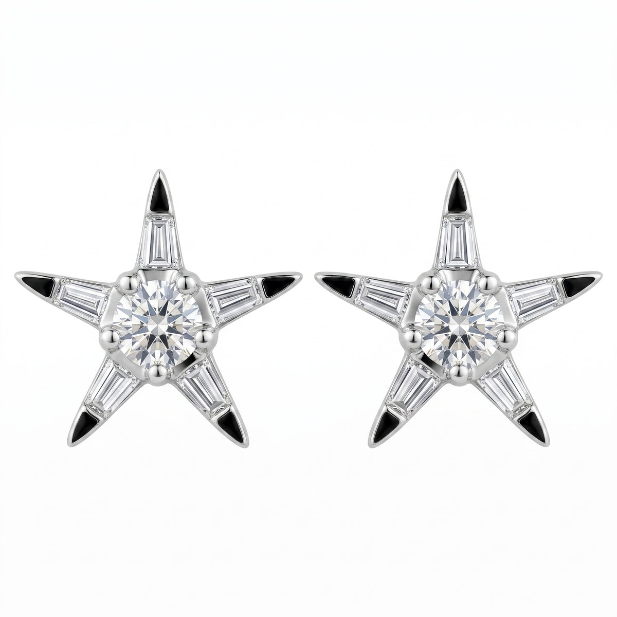 12-Diamond Star Stud Earrings in 18K white gold, five-pointed star with tapered baguette and round diamonds, front view