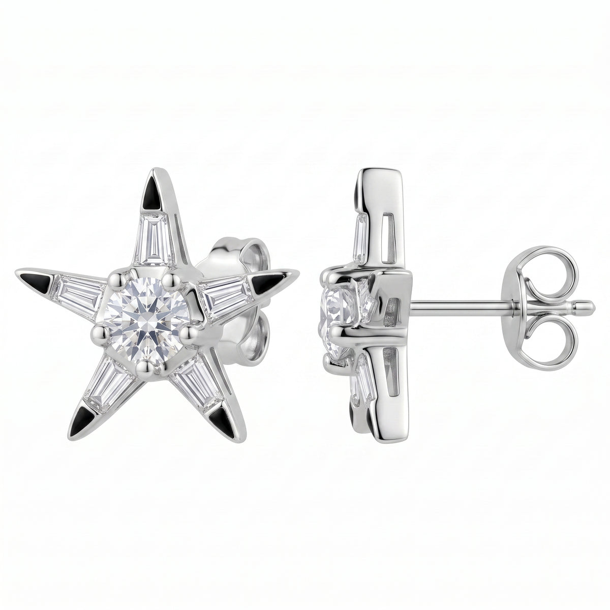 12-Diamond Star Stud Earrings in 18K white gold, front and side view showing post and butterfly back