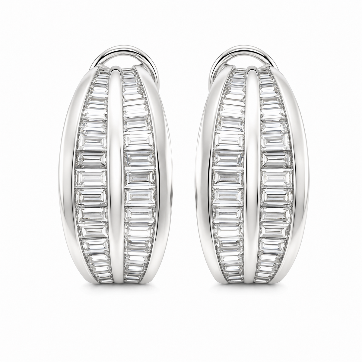 DERT0134W W-1 frontal pair - tapered baguette diamond three-row channel half-hoop clip earrings in 18K white gold