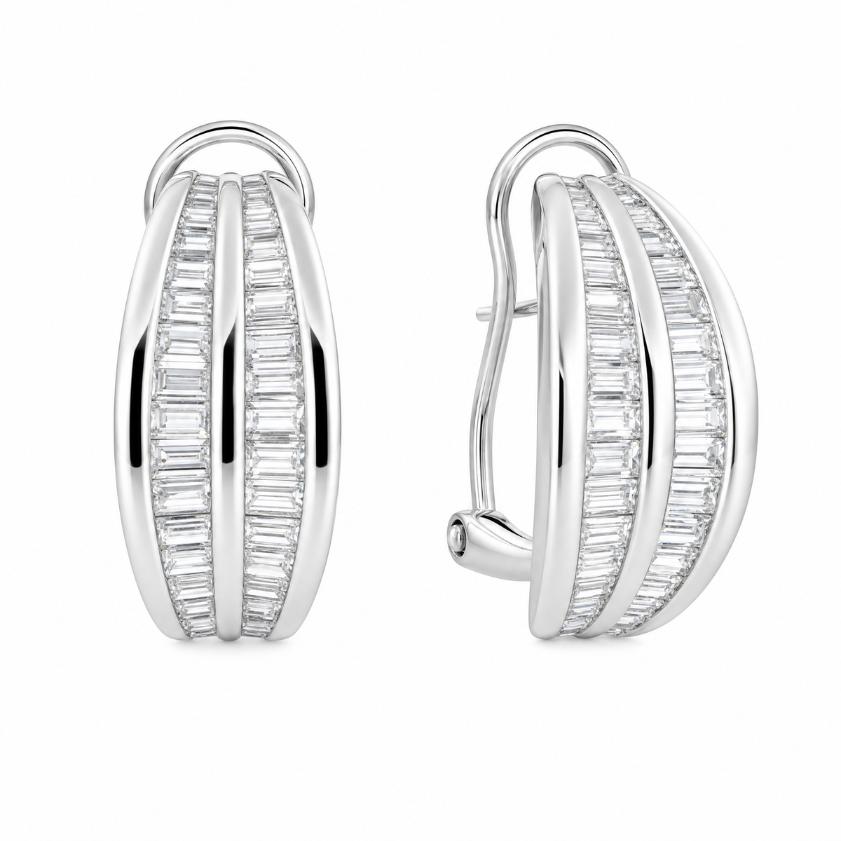 DERT0134W W-2 front and turned view showing French clip backing - tapered baguette diamond three-row channel half-hoop clip earrings in 18K white gold