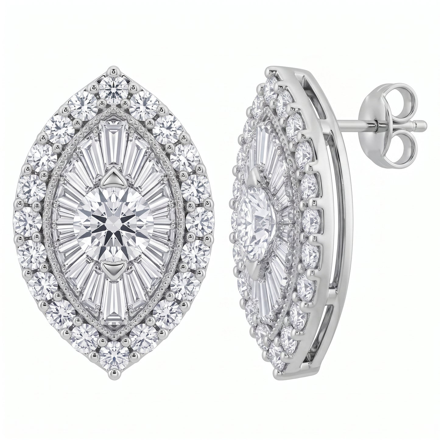 DERT0318W white background side profile - marquise-shaped diamond cluster post earrings showing the straight post and butterfly back