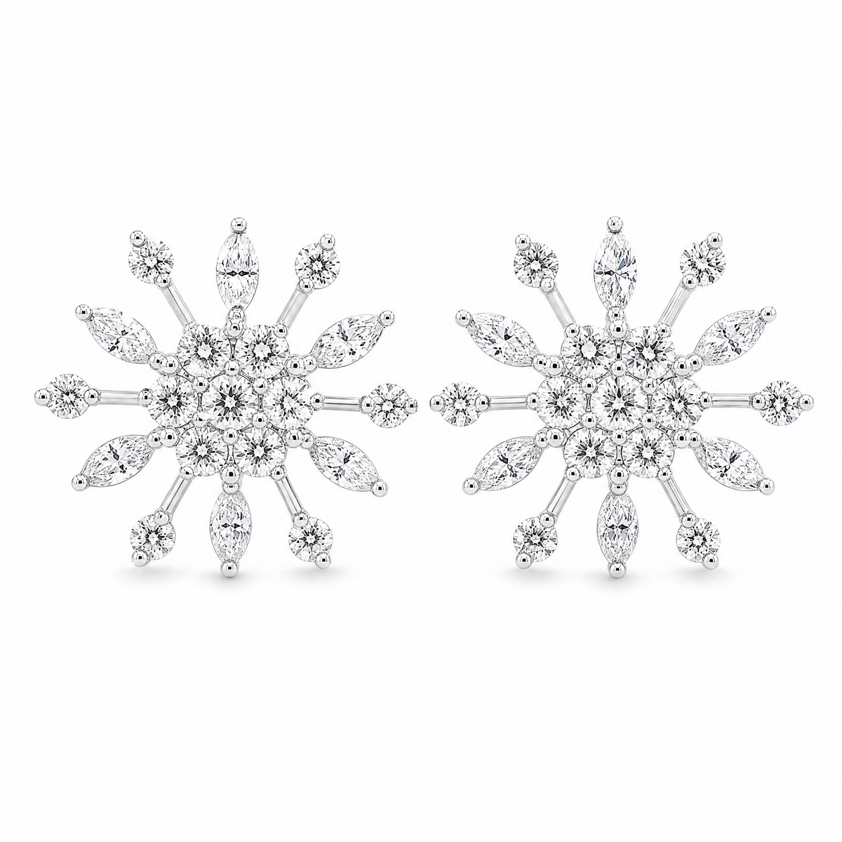DERT0453W W-1 frontal pair - marquise and round diamond snowflake stud earrings, 18K white gold
