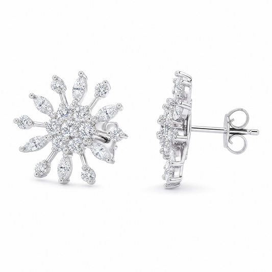 DERT0453W W-2 front and turned view showing the post and butterfly back - marquise and round diamond snowflake stud earrings, 18K white gold