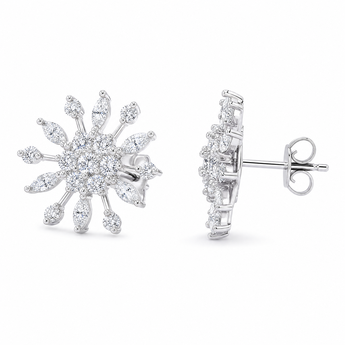DERT0453W W-2 front and turned view showing the post and butterfly back - marquise and round diamond snowflake stud earrings, 18K white gold