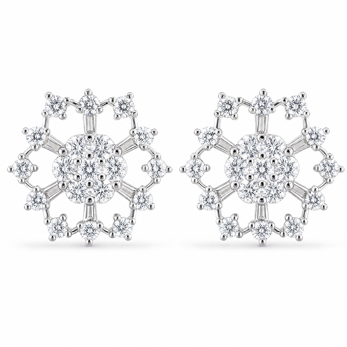 DERT0474W W-1 frontal pair - tapered baguette and round diamond openwork snowflake stud earrings