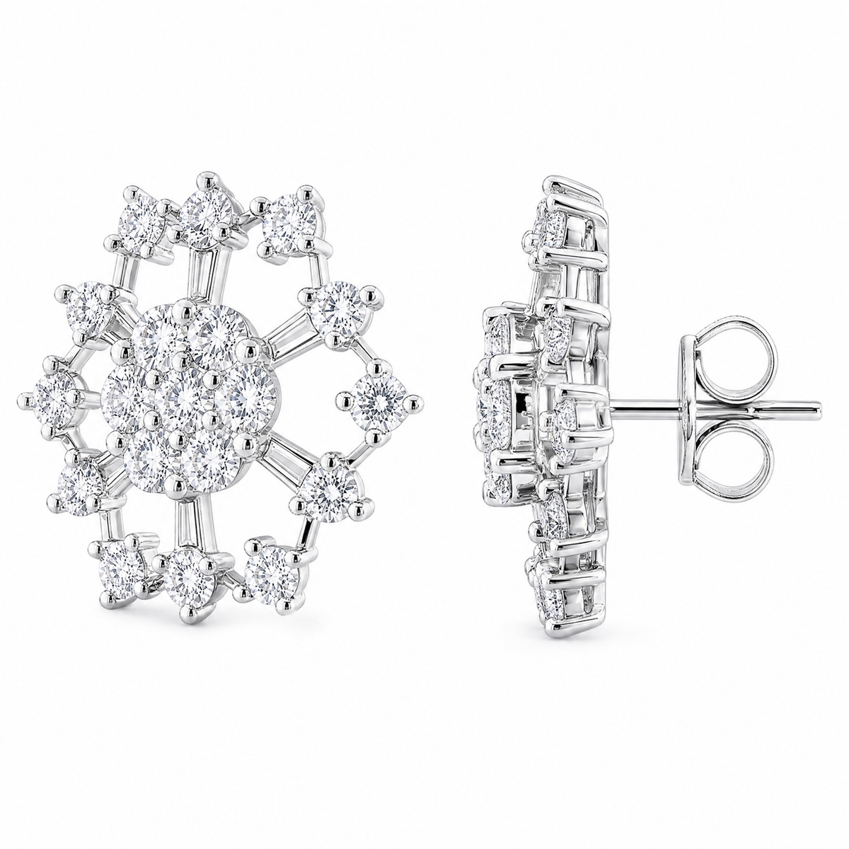 DERT0474W W-2 front and turned view showing post and butterfly back - tapered baguette and round diamond openwork snowflake stud earrings