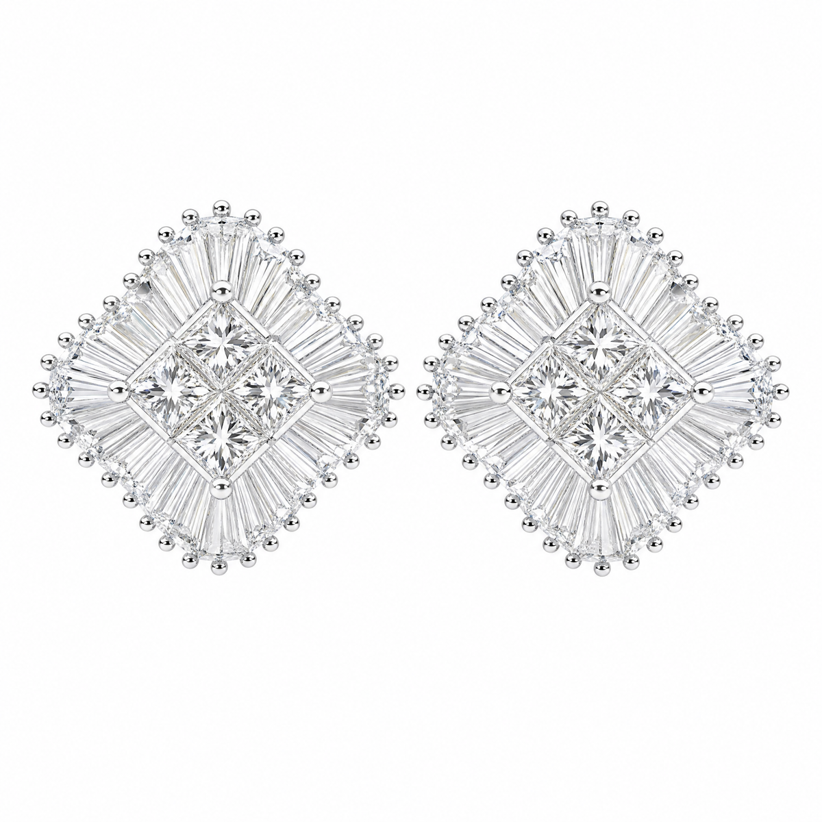 DERT0494W W-1 frontal pair - invisible-set princess centre with radiating tapered baguette diamond pinwheel clip earrings in 18K white gold