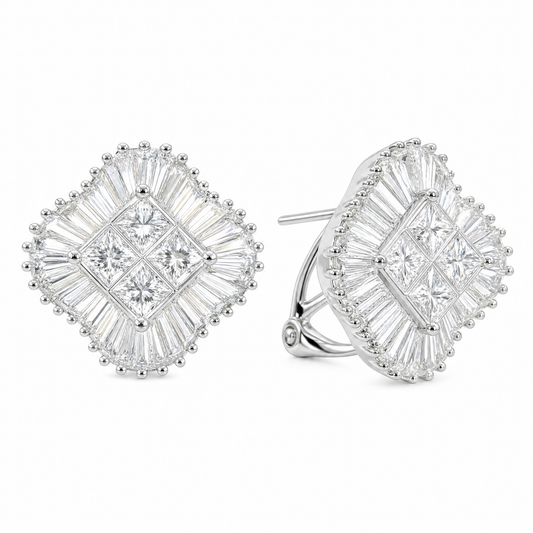 DERT0494W W-2 front and turned view showing French clip backing - princess and tapered baguette diamond pinwheel clip earrings in 18K white gold