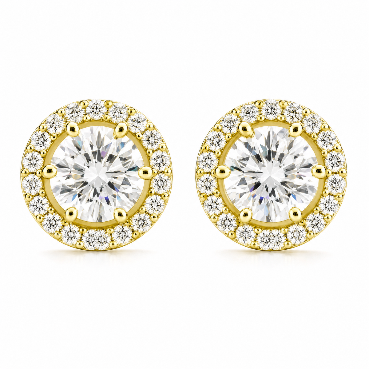 DERT0565 W-1 frontal pair - round diamond six-prong halo stud earrings in 18K yellow gold