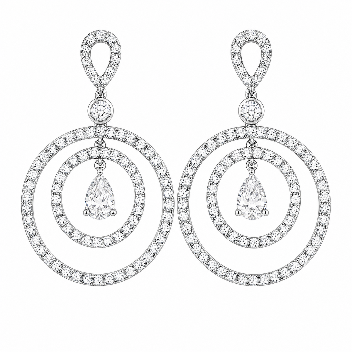 DERT0580W-CA W-1 frontal pair - pear and round diamond double circle drop earrings in 18K white gold