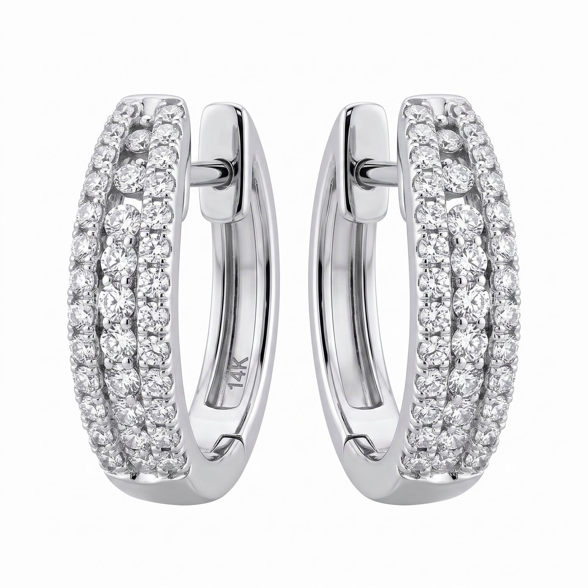 14k white gold three-row round diamond oval hinged huggie hoop earrings, 12x14mm, white background