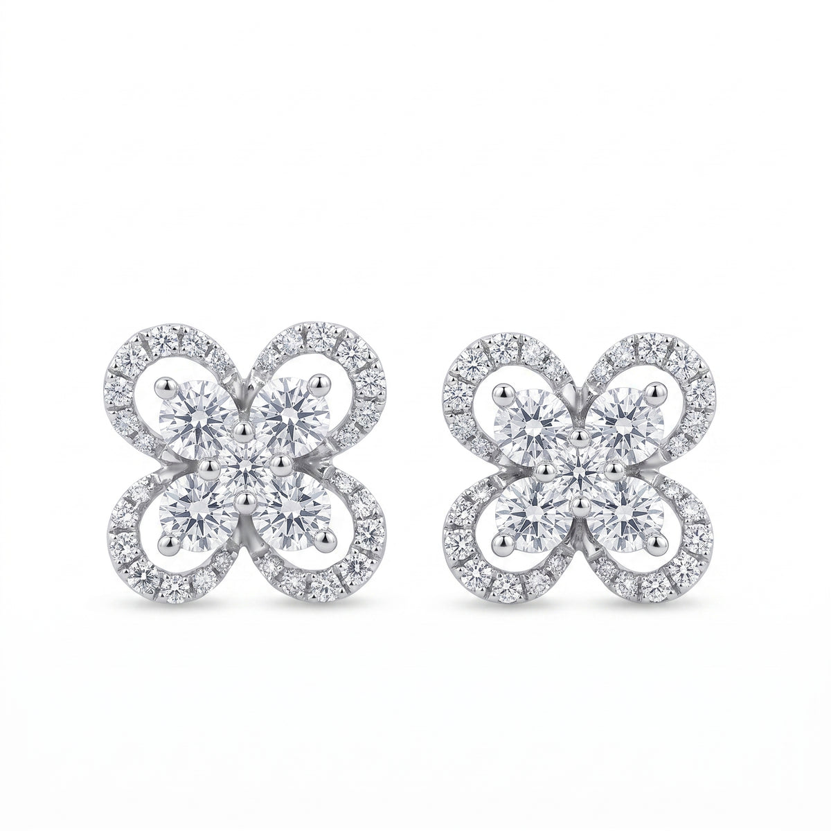 DERT0999W W-1 frontal pair - 10mm four-petal flower quatrefoil stud earrings, each petal an open loop outlined in round pave diamonds with a five-stone round brilliant centre cluster, in 18K white gold
